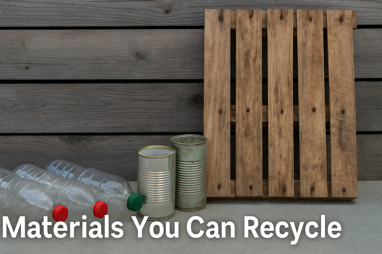 Materials You Can Recycle for DIY Vertical Garden: Plastic Bottles, Tin Cans, and Wooden Pallet Displayed Outdoors for Eco-Friendly Gardening